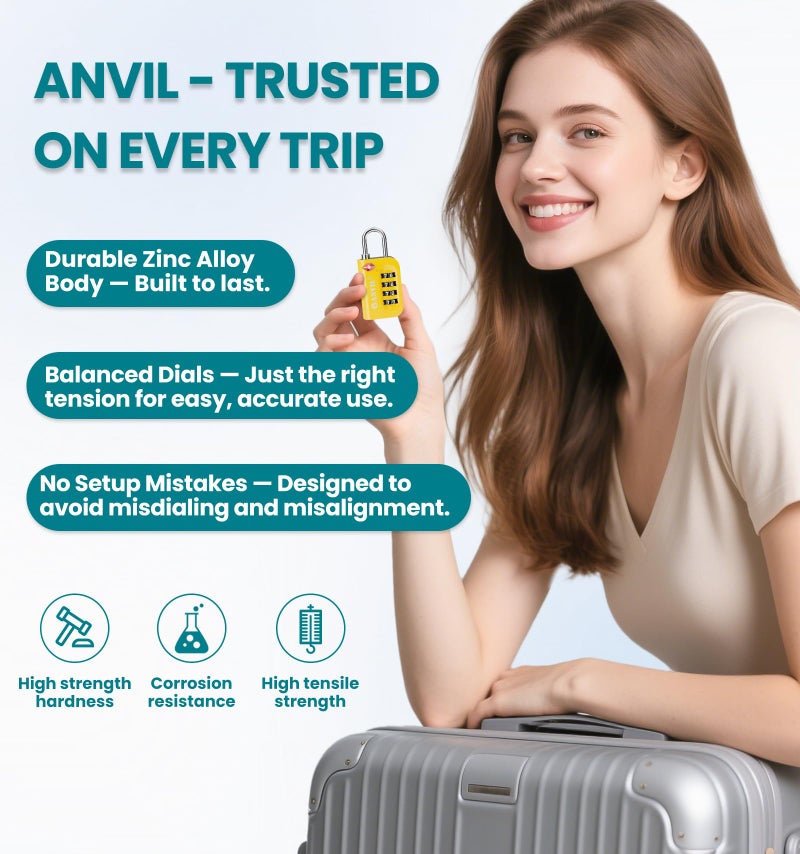 ANVIL TSA Approved Luggage Lock - 4 Digit Combination, 10,000 Combinations, Easy-Read Password Window, Travel Lock for Suitcases, Backpacks, Gym & Student Lockers, Baggagee (Yellow 4 Pack) - Image 4